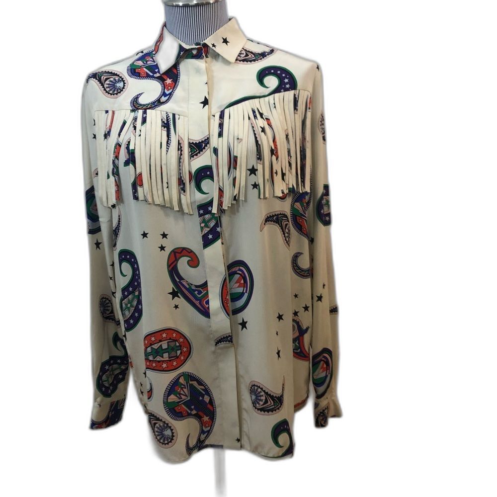 MSGM long sleeved button down blouse cream with paisley and fringe; US sz 6